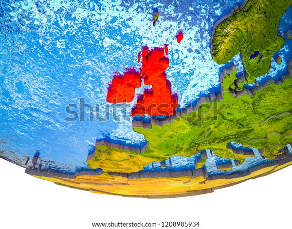 British Isles on 3D Earth with divided\
countries and watery oceans. 3D\
illustration.