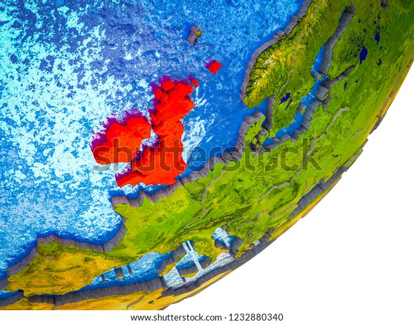 British Isles on 3D model of Earth with\
water and divided countries. 3D\
illustration.