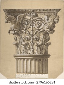 The British Order: Elevation of a Capital and Part of the Fluted Shaft by James Adam (British, Edinburgh, Scotland 1732-1794 London). Vintage architecture painting, art illustration.