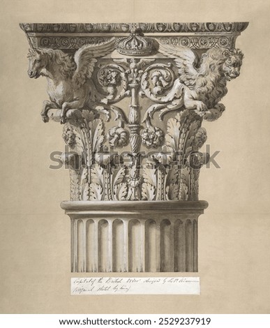 The British Order: Elevation of a Capital and Part of the Fluted Shaft (1762) watercolor art by James Adam. Vintage architecture art, architecture pillar drawing illustration, old pillar painting