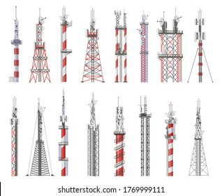 Broadcast technology tower. Communication antenna tower, wireless radio signal station. Cellular network tower  illustration icons set. Radio signal tower, cellular broadcast cordless
