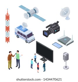 Broadcasting Equipment. Television Stream Electronics. Tv Antenna, Satellite And Camcorder. Telecommunications 3d Isometric Icons. Connection And Broadcast Television