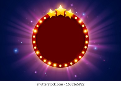 Broadway Style Retro Marquee Light Round Red Board With Three Stars Glittering On Purple Background, Blank Space For Design Uses