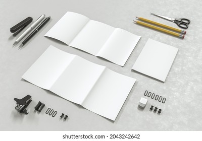 Brochure. 3D Rendering Of A5 Brochure Mockup With Two Fold Lines. Stationery Is Laid Out Next To The Paper Products.