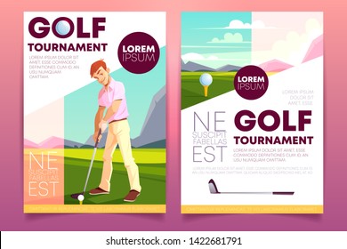 Brochure Of A Golf Tournament. Booklet With A Man Playing On Green Grass. Poster For Competition, Ad Banner. Background With Athlete Training On A Field. Outdoor Sports, Hobby.