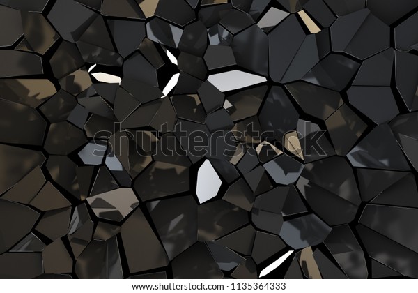 Broken black mirror. Black abstract polygonal\
background. Deformation black surface. 3d rendering illustration.\
High resolution.