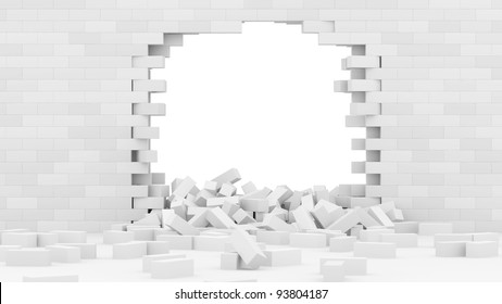 Broken Brick Wall Isolated On White Background