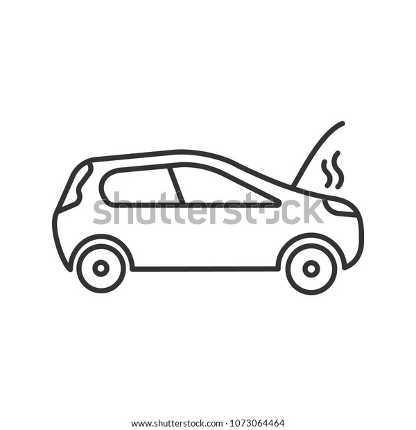 Broken car linear icon. Thin line illustration.\
Automobile with open hood and smoke. Contour symbol. Raster\
isolated outline\
drawing