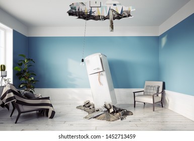 Broken Ceiling And Falling Refrigerator. 3d Rendering Concept