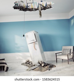 Broken Ceiling And Falling Refrigerator. 3d Rendering Concept