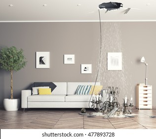 Broken Ceiling In The Room And Fallen Chandelier