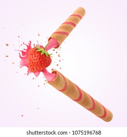 Broken Crispy Strawberry Wafer Stick with Pink Cream filled isolated on white background, 3d illustration.