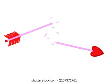 Broken cupid's arrow. Damaged arrow with a heart-shaped tip, broken in half. 3d render, isolate. Valentine's day illustration in cartoon style.