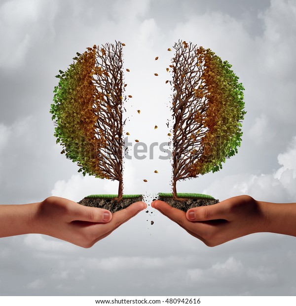 Broken\
and divided trouble concept as two diverse hands tearing apart a\
tree resulting in damage and weakness as a business metaphor for\
harmful disunity with 3D illustration\
elements.