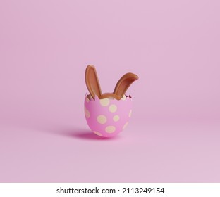 Broken Easter Egg With Chocolate Bunny Ears Peeking Out. 3d Rendering