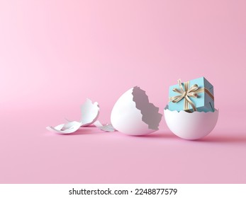 A broken eggshell from which a cute gift box appeared. Blue Gift box with gold ribbon out of Egg on pink background. 3D Render illustration. Birthday present creative idea concept. Copy space. 