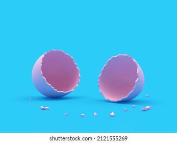 Broken empty pink eggshell on blue. 3D illustration 