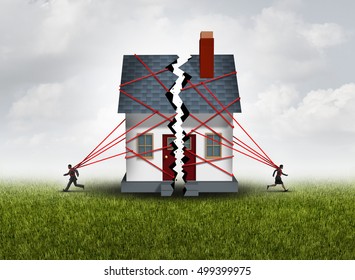 Broken family after a bitter divorce settlement and separation with a couple in a bad relationship breaking a house apart showing the concept of a marriage dispute with 3D illustration elements.
