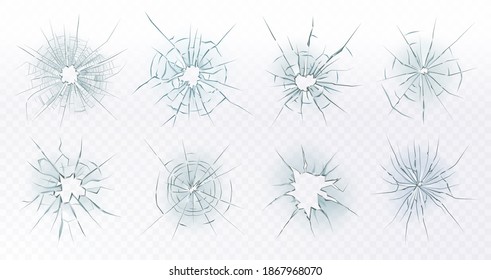 Broken glass. Cracked window glass, damaged shattered ice surface, crack hole computer screen 3D isolated  illustration symbols set. Bullet marks on glass or car windshield with fissures