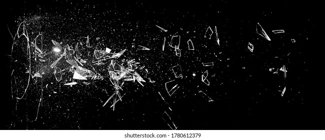 Broken glass on the black bachground. Texture of broken glass. Isolated realistic cracked glass effect. Template for design. Black and white 3D illustration 