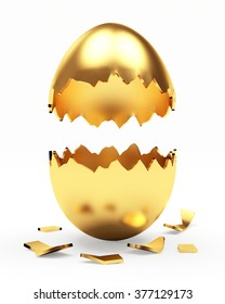 Broken Golden Easter Egg Isolated On A White Background 