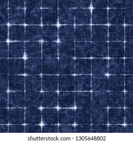 Broken Grid Indigo-Dyed Effect Textured Background. Seamless Pattern. 