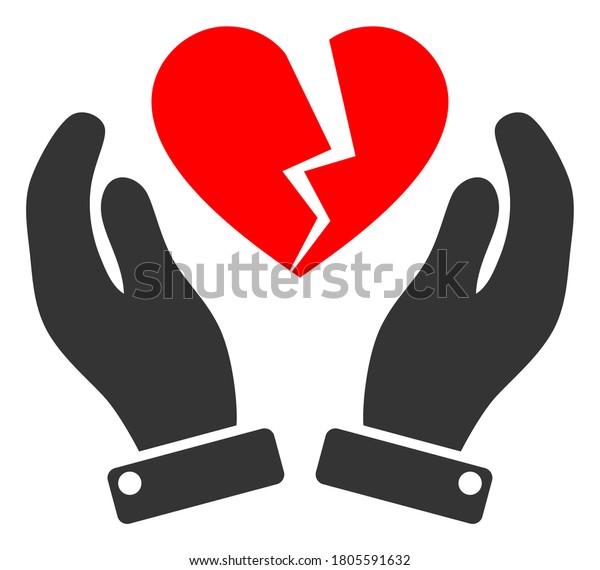 Broken heart care hands raster illustration.\
A flat illustration iconic design of broken heart care hands on a\
white background.