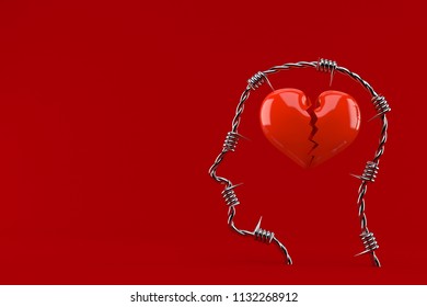 Broken Heart Inside Head Isolated On Red Background. 3d Illustration