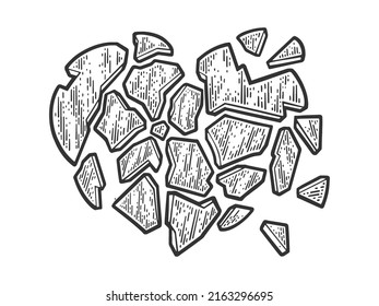 Broken Heart Shattered Into Pieces Sketch Engraving Raster Illustration. T-shirt Apparel Print Design. Scratch Board Imitation. Black And White Hand Drawn Image.