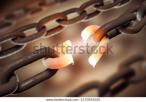 Broken hot chain link over blurred\
chains background. Concept of a weak link, slavery and freedom in\
business and life in general. 3d rendering copy\
space