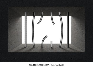 Broken Jail Bars In Prison Window Extreme Closeup. 3d Rendering. 