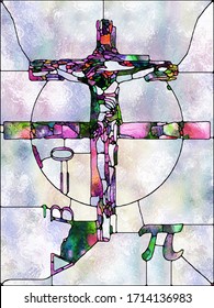 Broken Light. Cross Of Stained Glass Series. Design Made Of Organic Church Window Color Pattern To Serve As Background For Projects On Fragmented Unity Of Crucifixion Of Christ And Nature