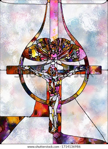 壊れた光 ステンドグラスシリーズの十字架 キリストと自然の受難の断片的な一体性に関するプロジェクトの背景となる有機教会 の窓の色のパターンで作られたデザイン のイラスト素材