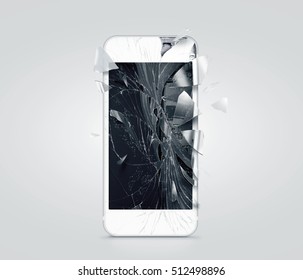 Broken mobile phone screen, scattered shards, 3d rendering. Smartphone monitor damage mock up. Cellphone crash and scratch. Telephone display glass hit. Device destroy problem. Smash gadget, repair.