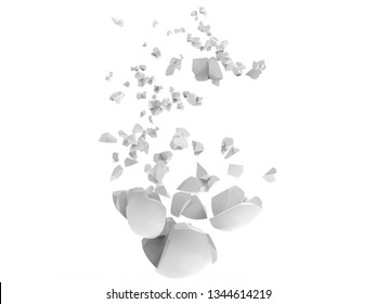 Broken Pieces Flying In The Air - White Porcelain - 3D Illustration