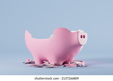 Broken piggy bank, empty inside, smashed on light blue background. Concept of recession, bank and lesion. 3D rendering