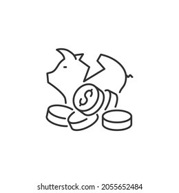 Broken Piggy Bank Related Vector Line Icon. Sign Isolated On The White Background. Editable Stroke EPS File. Vector Illustration.