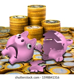 Broken Piggy Bank With Russian Coins. Broken Money Box In Form Of Piggy On Surface Of Russian Coins. 3D Illustration