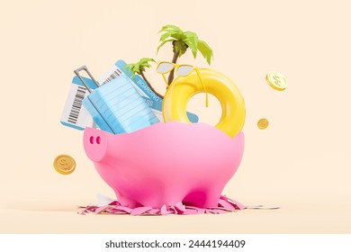 Broken piggy bank with suitcase, boarding pass and money falling on beige background. Concept of summer holiday, budget vacation and weekend. 3D rendering illustration - Powered by Shutterstock