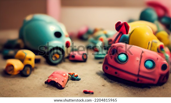 Broken scattered toys. Children break toys. \
Digital creative designer art.Abstract surreal psychedelic\
illustration.3d\
render\
