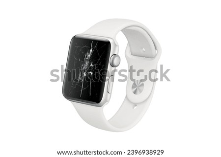 Broken Screen Smartwatch - 3D Rendered Cracked Screen watch - Shattered Glass Smart Watch isolated on white background 