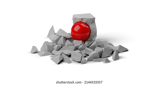 Broken Shattered Concrete Cube Or Box Reveals Red Sphere Inside, Secret, Idea Or Discovery Concept Or Metaphor, 3D Illustration