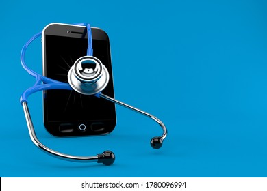 Broken smart phone with stethoscope isolated on blue background. 3d illustration