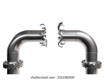 Broken Steel Pipe With Water, Gas, Benzine. Crisis Conception On Gas Pipe. Clipping Path Included. 3d Illustration.