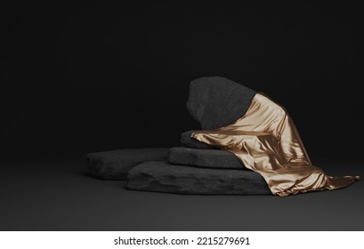 Broken Stone Plinth With Golden Silk On An Elegant Abstract Black Background. Exhibition Area, Studio Or Cosmetic And Advertising Stage. 3D Render Illustration