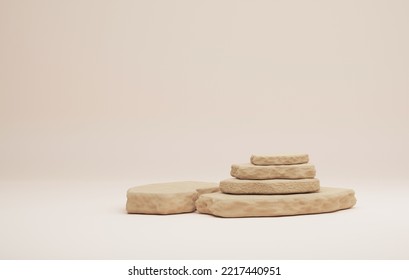 Broken Stone Plinth On Abstract Yellow Cream Background. Exhibition Area, Studio Or Cosmetic And Advertising Stage. 3D Render Illustration