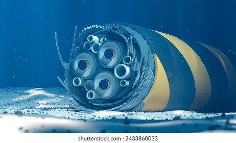 Broken submarine cable on the seabed. Internet connection failure. 3d rendering