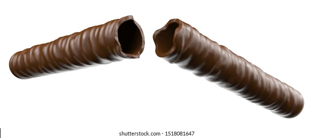Broken wafer roll coated chocolate. Clipping path, isolated white background. 3d illustration