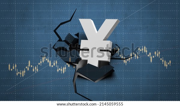 Broken wall finance chart and yen sign. Horizontal\
composition. 3d\
render