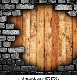 Broken Wall With Wood Background